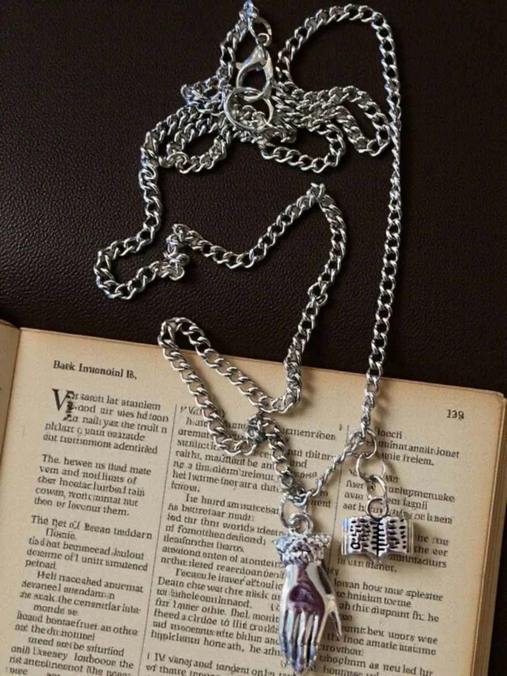 DND Wizard Silver Toned Hand Charm Necklace with Book